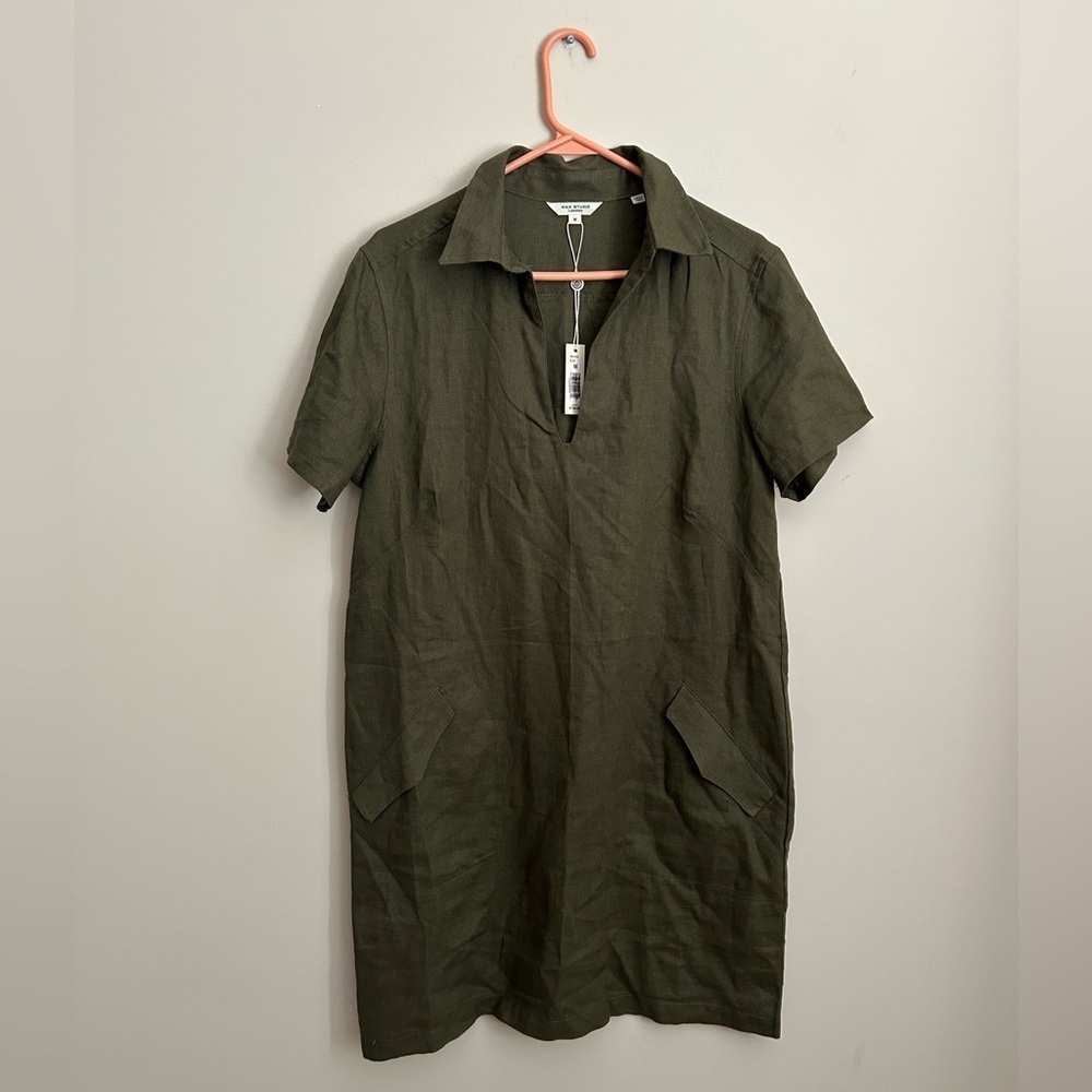 Max Studio Linen Blend Shirt Dress Size Medium Olive Green